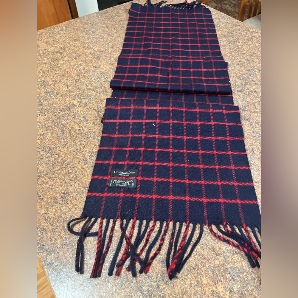 Dior Men's Navy and Red Plaid Scarf